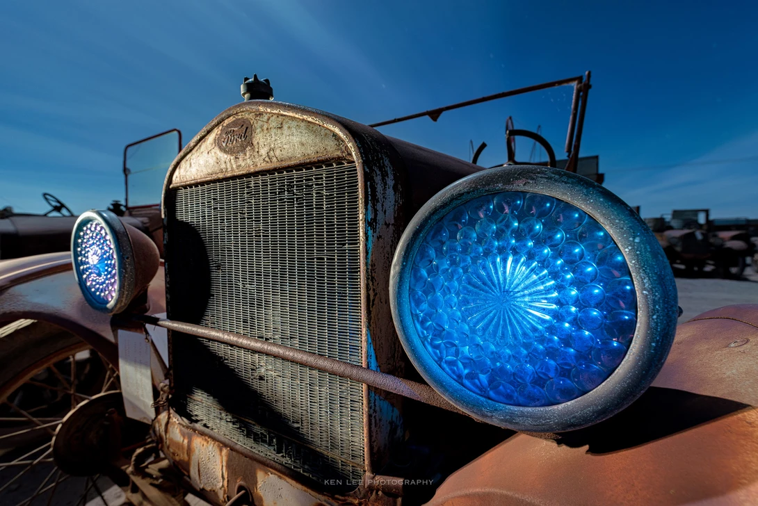 Model T with blue headlights