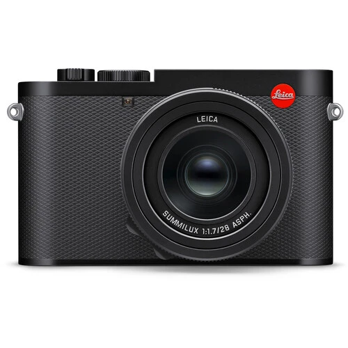 Leica Q2 compact digital camera with fixed 28mm lens, shown from front in black finish against white background.