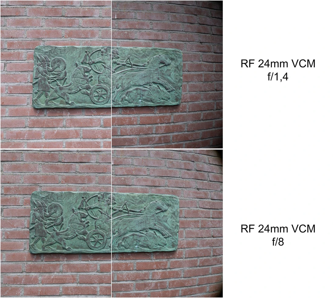 Comparison of RF 24mm f/1.4 lens performance at different apertures on textured brick wall.
