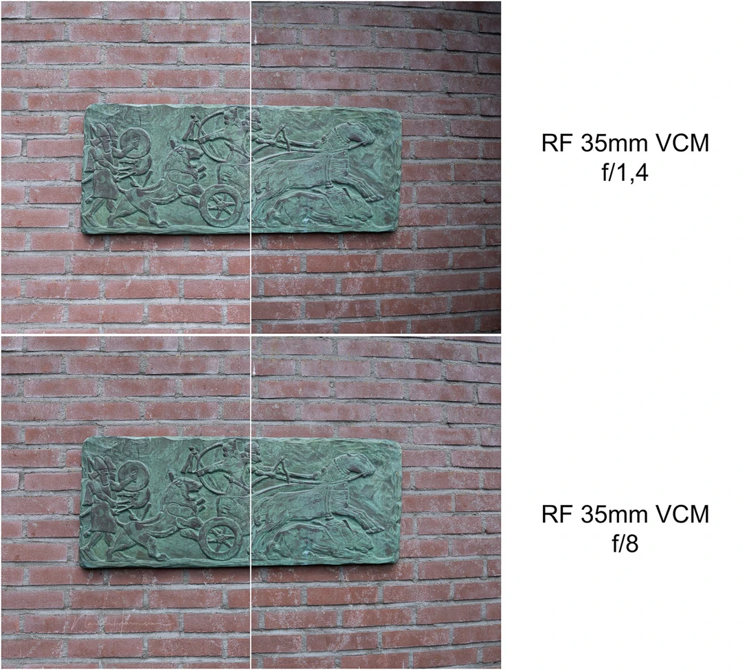 Lens aperture comparison showing textured green relief plaques on red brick wall at f/1.4 and f/8.
