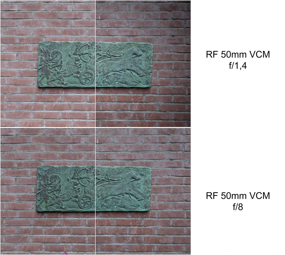 Lens aperture comparison showing RF 50mm f/1.4 and f/8 depth of field on textured green panels against brick.