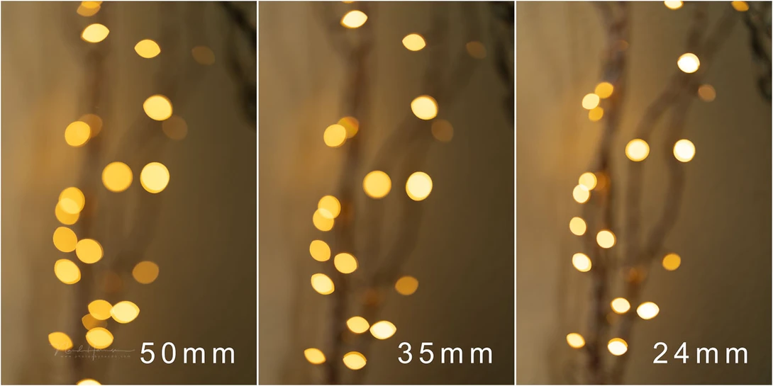 The distance to the lamps is decreased with shorter focal lengths. Focus was set to infinity.