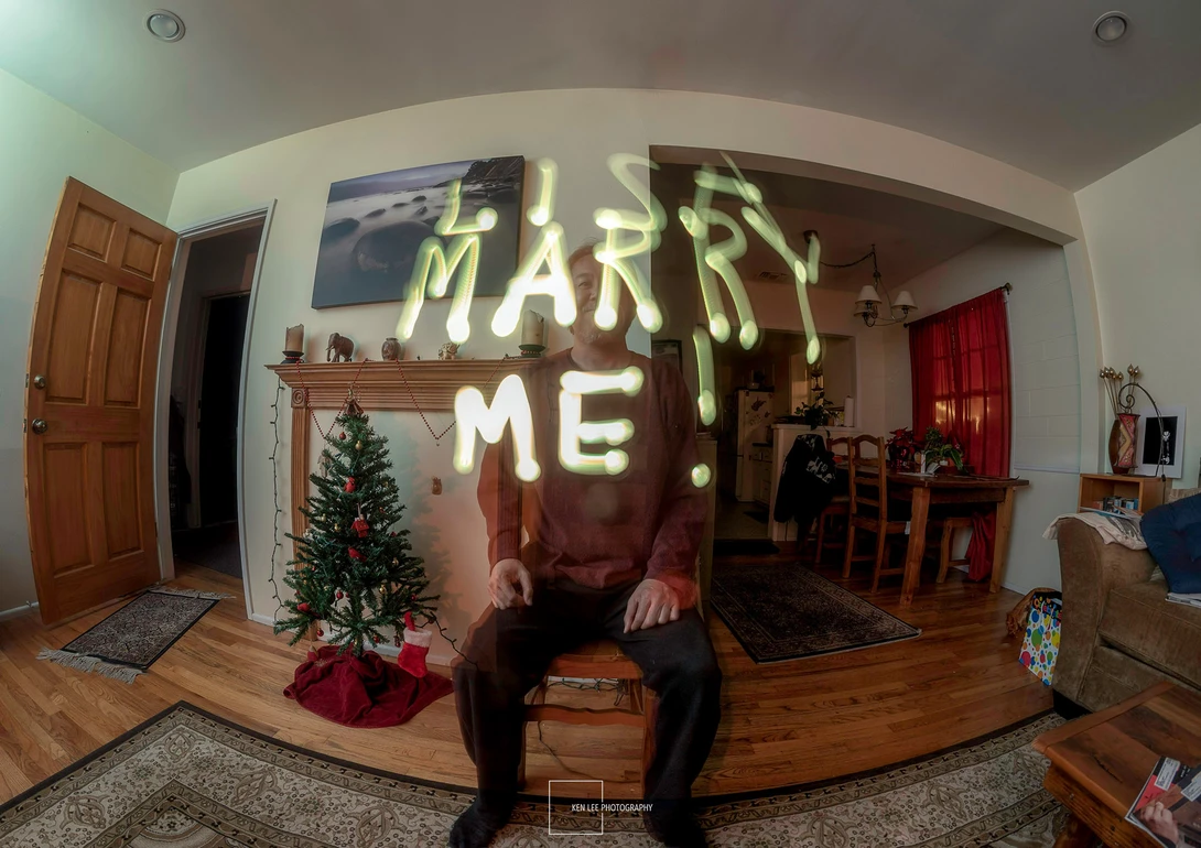 Marriage proposal to Lisa using a long exposure night photo while light writing with a flashlight