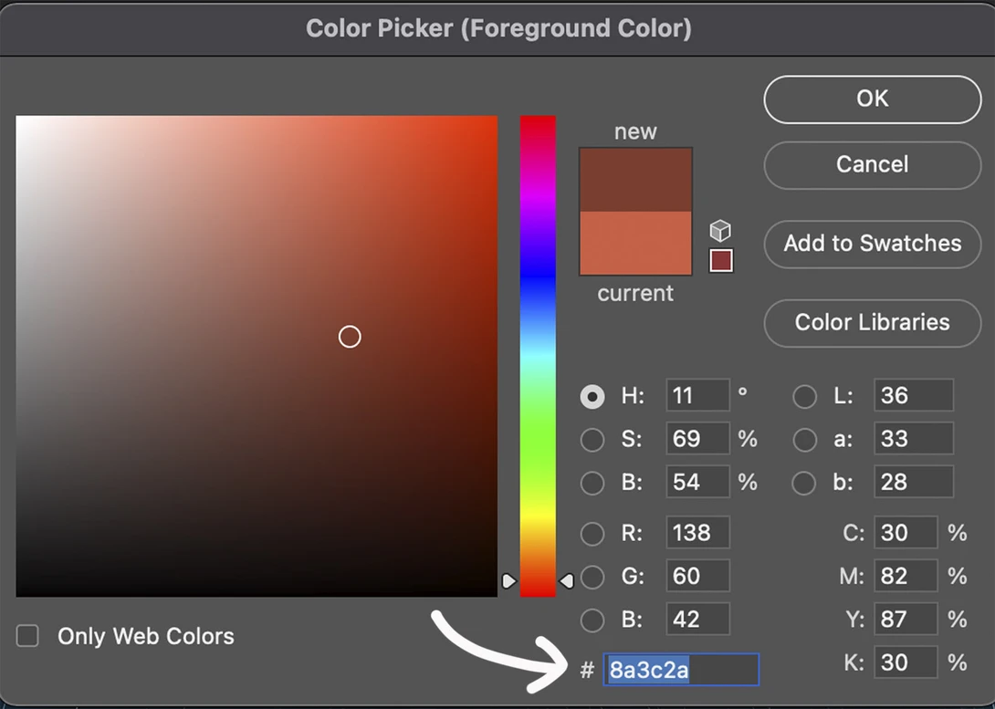 Screenshot of a color picker dialog showing RGB and HSL values for a reddish-brown foreground color.