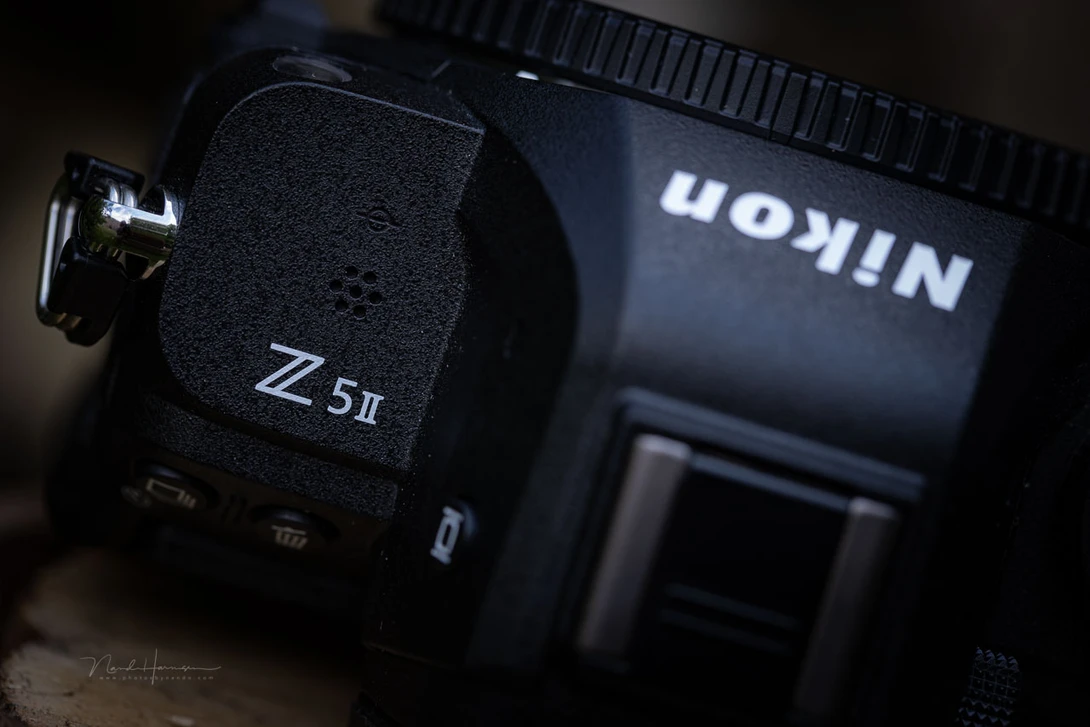 Nikon Z 5II camera body with attached microphone and on-camera flash, photographed at close range.