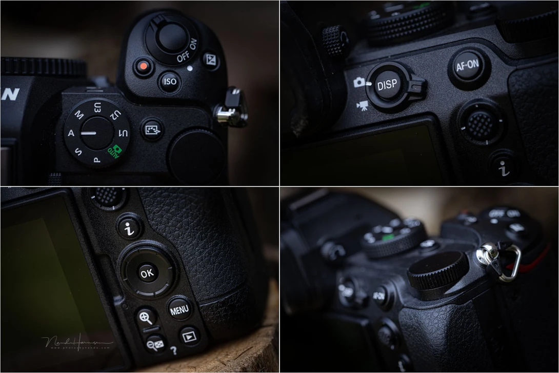 Four detailed close-ups of a digital camera's control buttons and dials on black body.