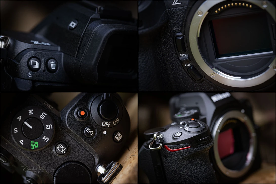 Four detailed close-ups of a mirrorless camera body showing controls, sensor, and grip.