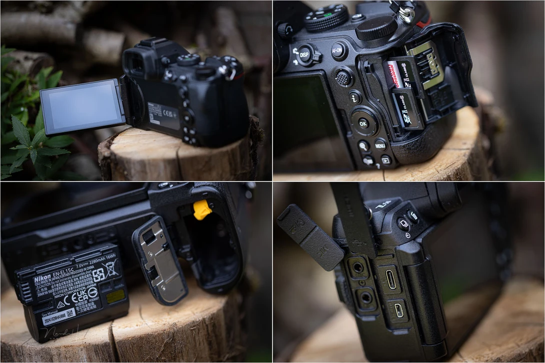 Professional video camera displayed from multiple angles showing articulating screen, buttons, ports, and battery compartment.