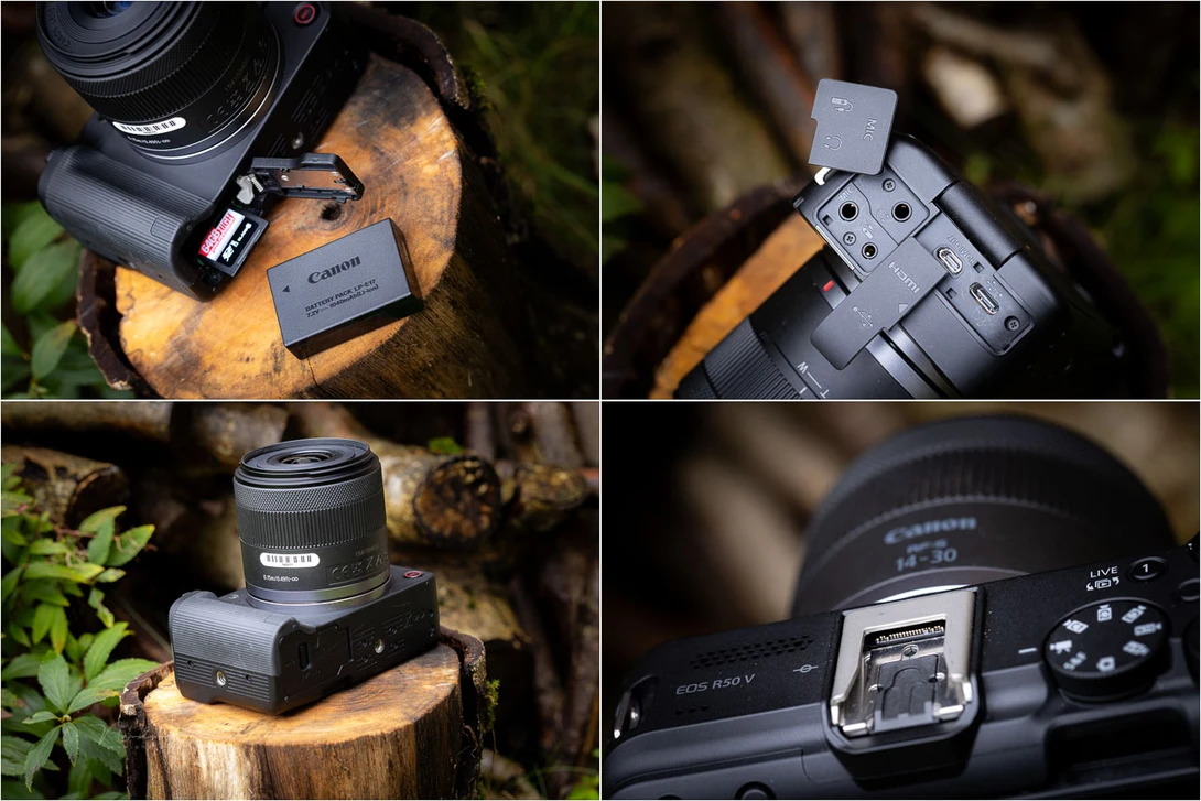 The connections, and the battery with memory cardslot. The camera has two tripod mounts.