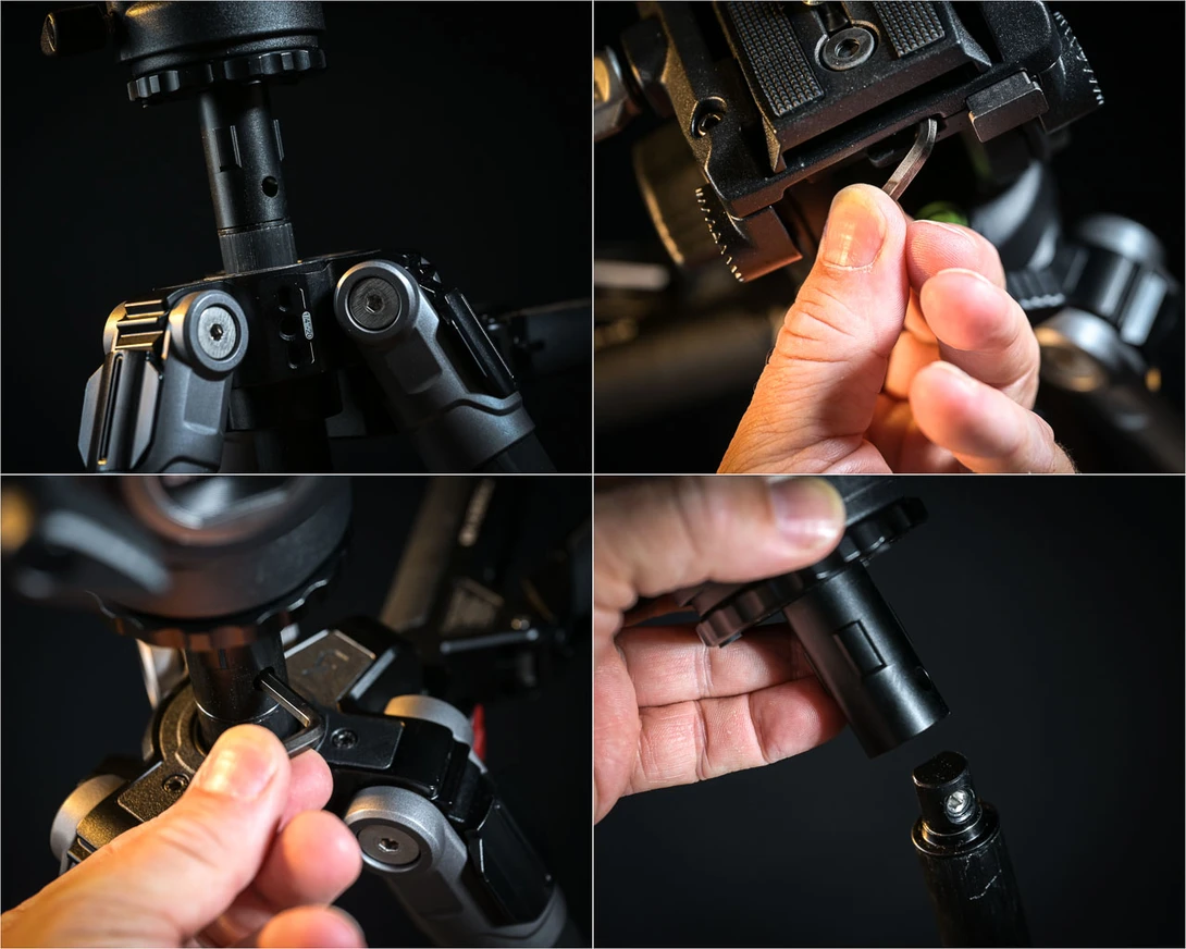Removing the center column is possible. For that you need an Allen key, with is included.