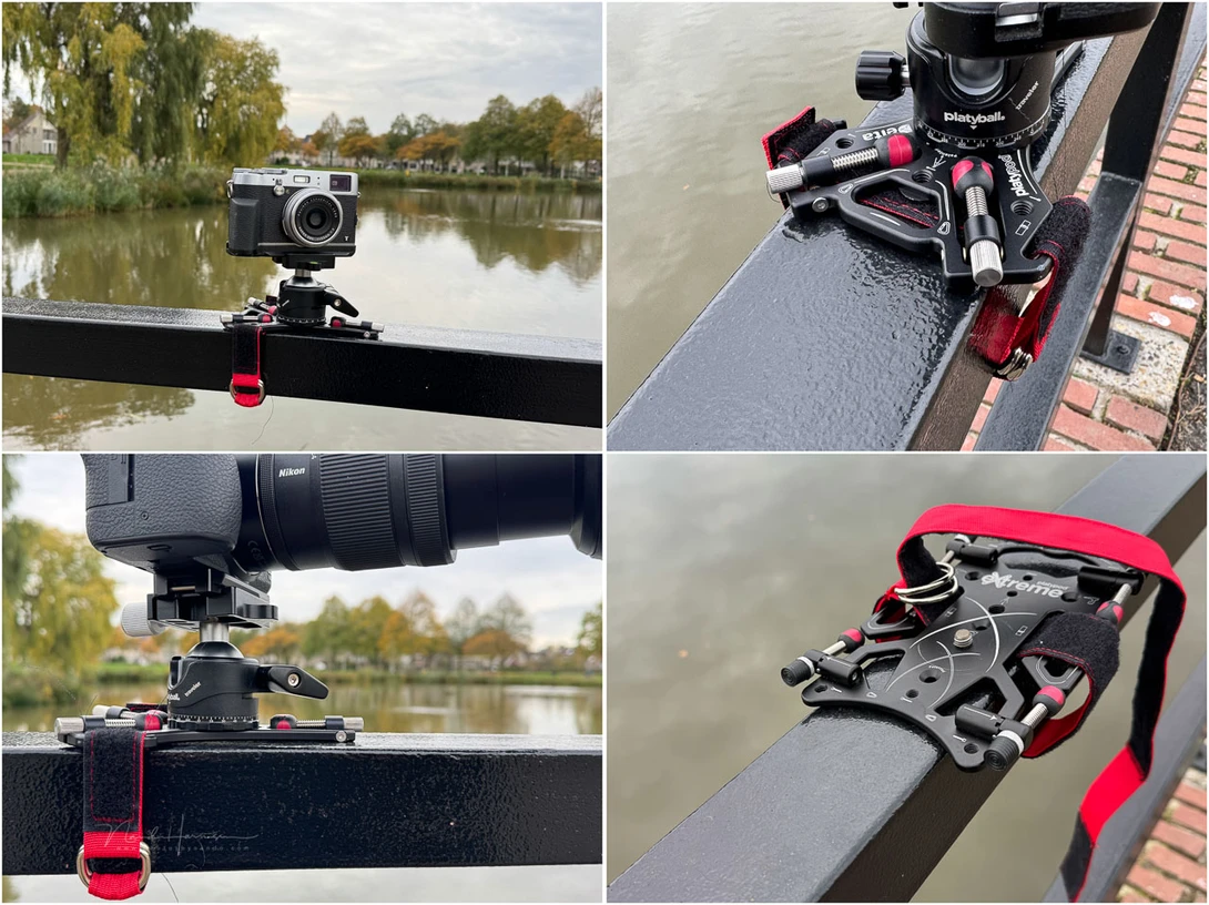 The Platypod Delta secured with the strap. You need some puzzling to secure it, due to the length.