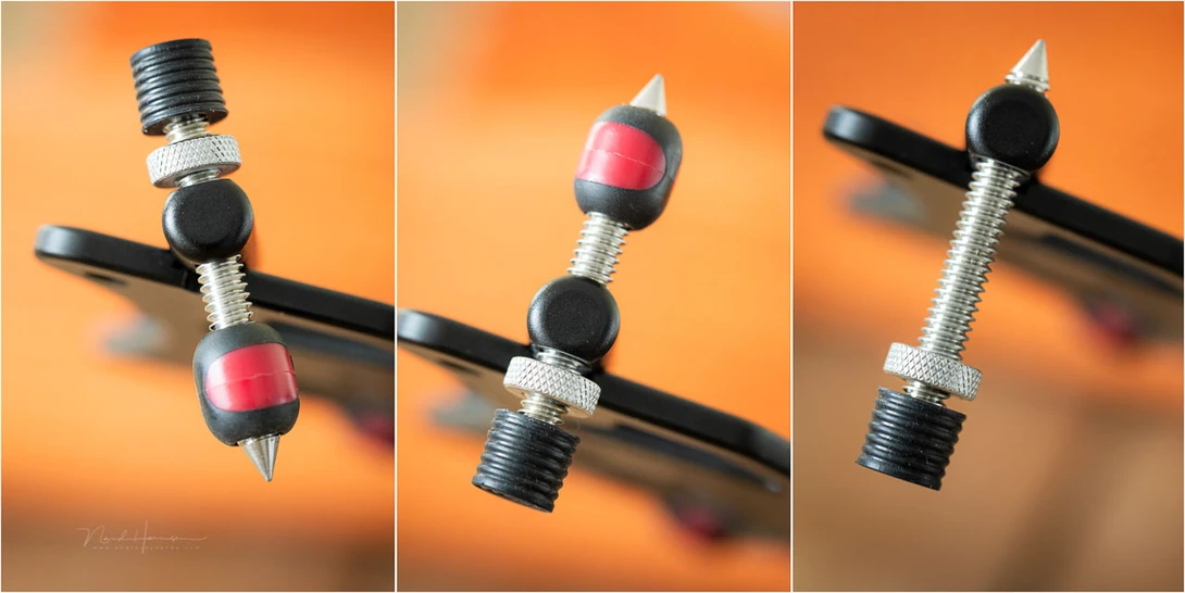 Details of the legs on the Platypod Extreme. The rubber caps can be placed on any position, or removed completely.