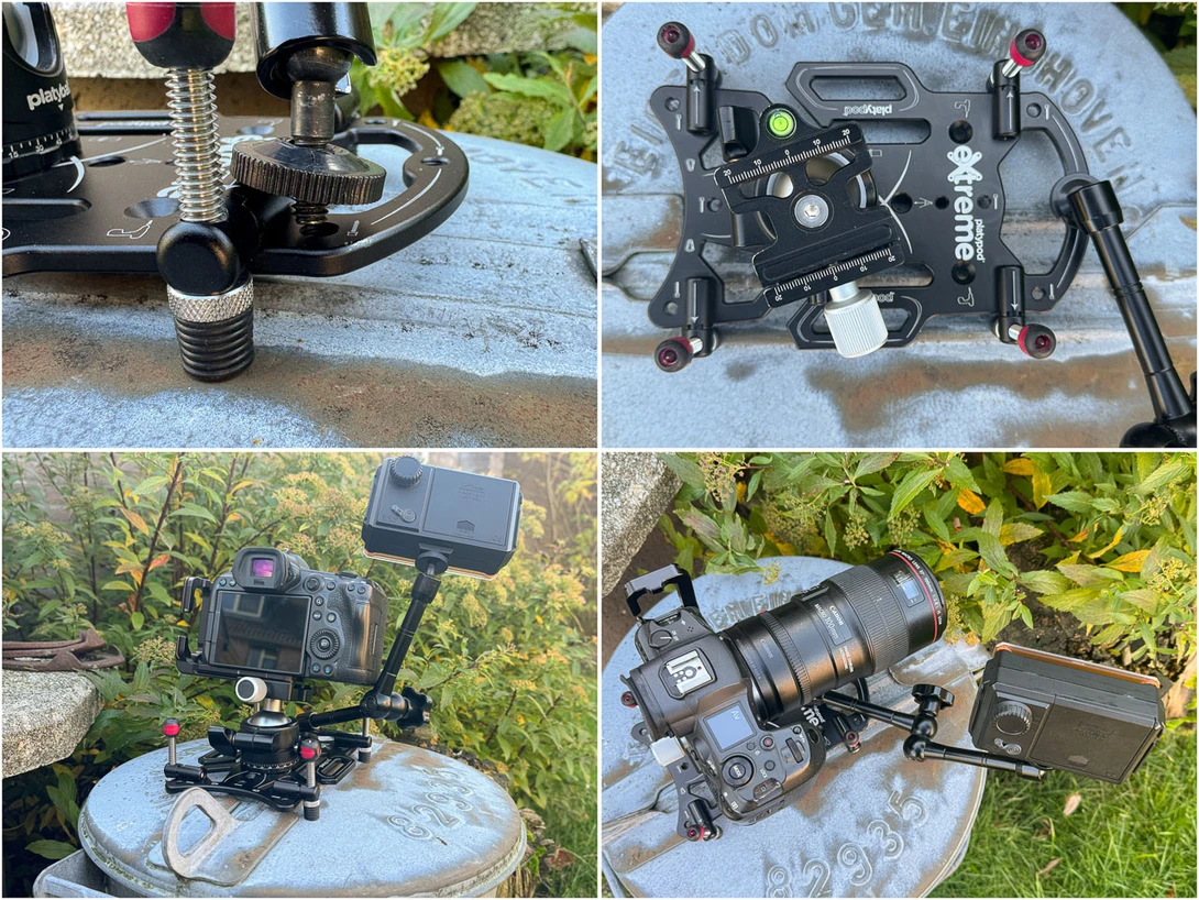 The 1/4"-20 mounting holes offer attaching additional accessoiries. These can be tricky to use due to their positions on the Platypod.
