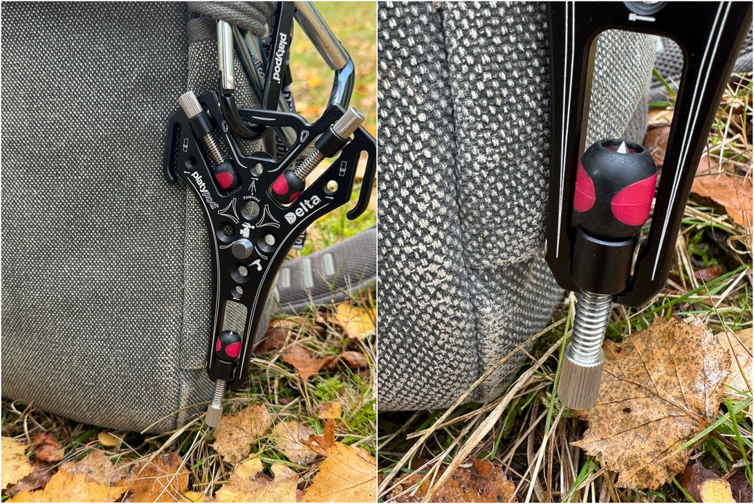 I noticed how the downward facing leg on the Delta unscrewed itself while walking. The cap prevented losing the leg completely. Just be aware of that.