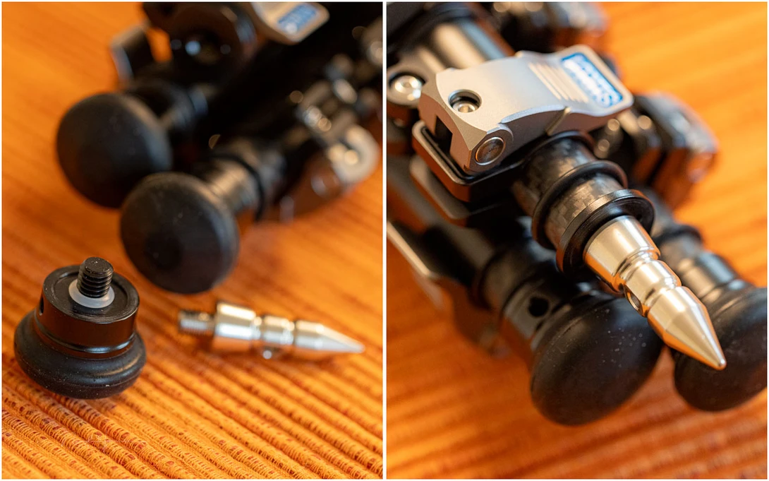 Close-up detail shots of rifle scope components and ammunition on an orange fabric surface.