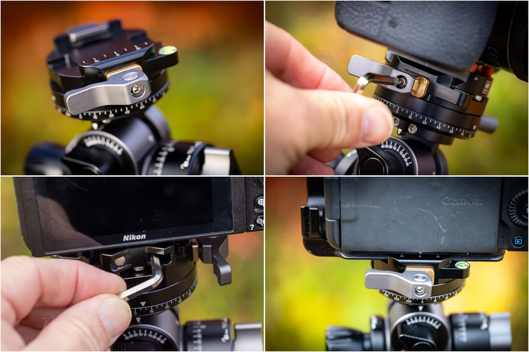 Four close-up views of camera tripod heads and mounting systems with ball mounts and adjustment knobs.