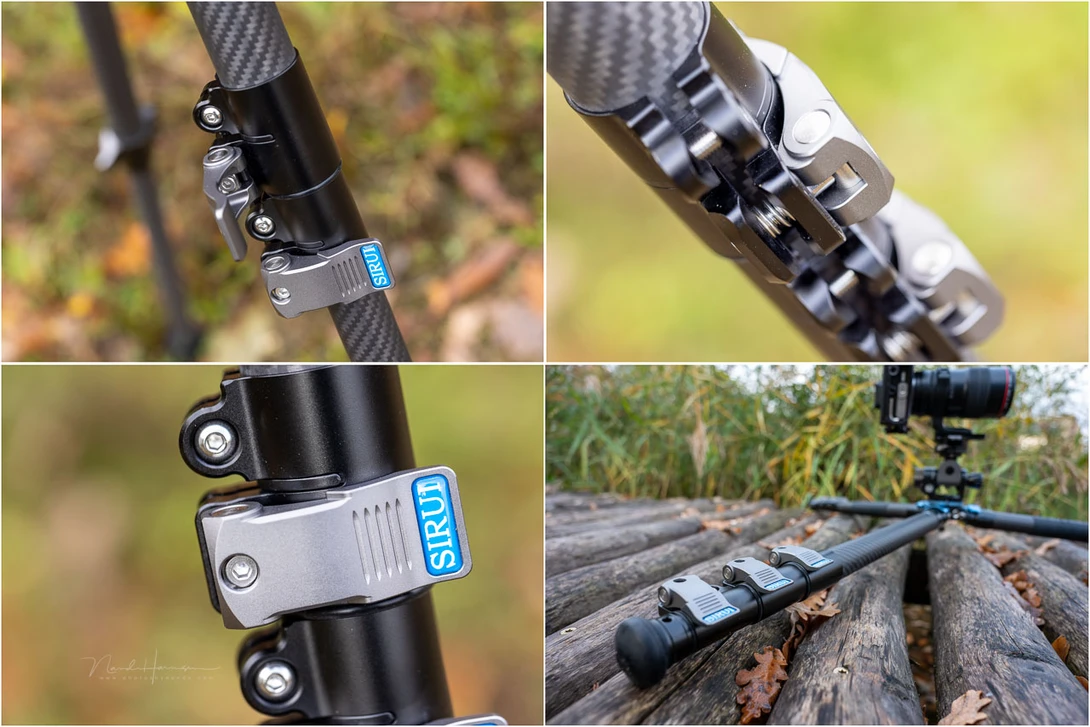 Four closeup views of a camera stabilizer mount attached to a carbon fiber rod with blue accents.