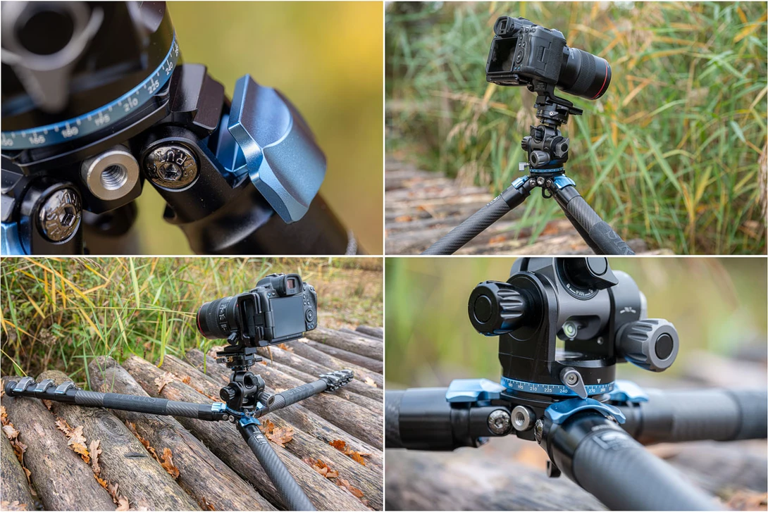 Four views of tactical rifle scopes and mounts mounted on firearms and tripods outdoors.