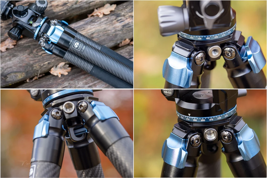 Close-up details of a blue and black camera tripod head showing ball joints and adjustment mechanisms.
