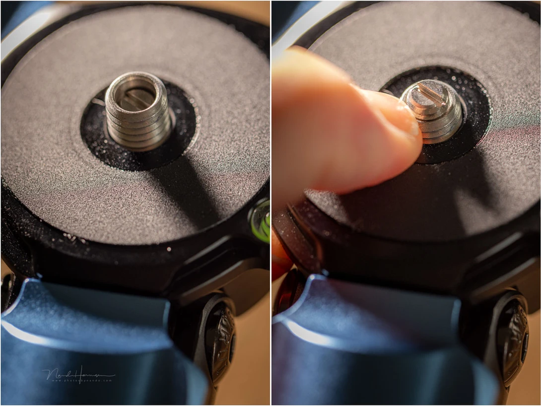 Close-up comparison of a camera tripod ball head socket, showing the threaded connector before and after a finger applies pressure to demonstrate stability.