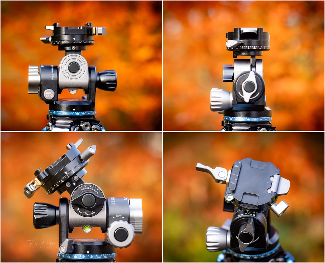 Four angles of a ball head tripod mount with articulating arms and quick-release plate.