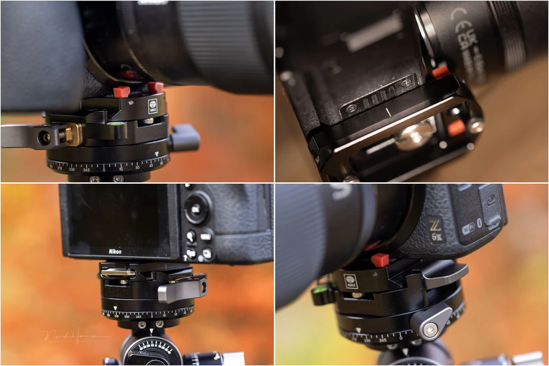 Four close-up views of camera ball head mounts with panoramic rotation scales and control handles.