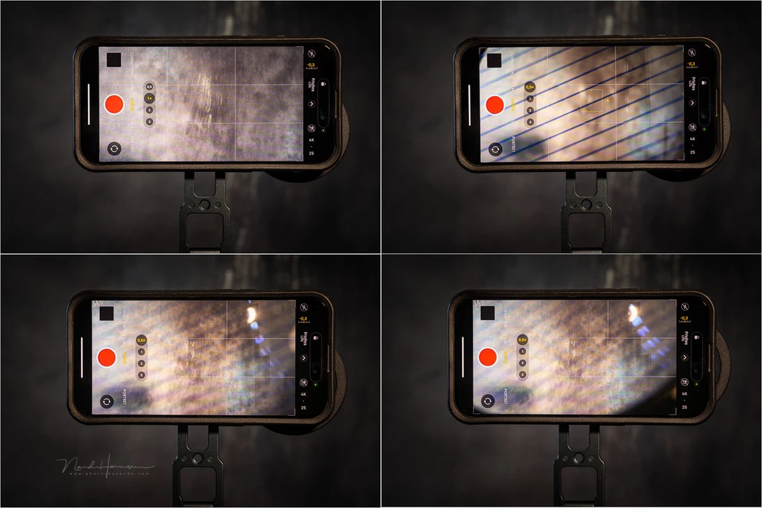 The wide angle lens of the iPhone can focus on the streak filter patterns itself. This will only occur when no subject can be found to focus on. If the position of the filter holder is not correct, it will be in the frame. Reflections of the lights behind