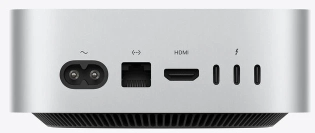 Apple Mac mini with M5 Pro, rear view with three Thunderbolt 5 ports, HDMI, and Ethernet