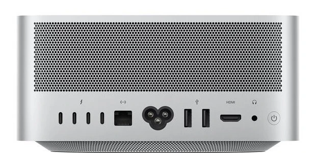 Apple Mac Studio with M5 Ultra, rear view with four Thunderbolt 5 ports, 10 Gb Ethernet, two USB-A, and HDMI