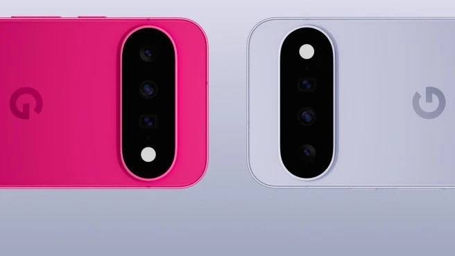 Two Google Pixel 11 phones in Hibiscus and Frost, camera bars side by side