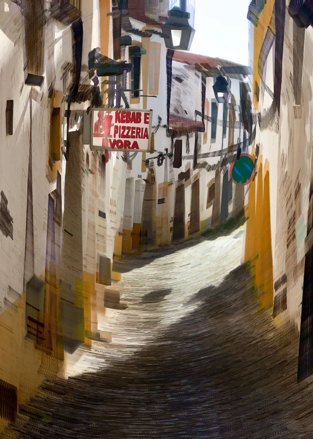 Narrow European alleyway with wet cobblestone street and yellow-painted buildings