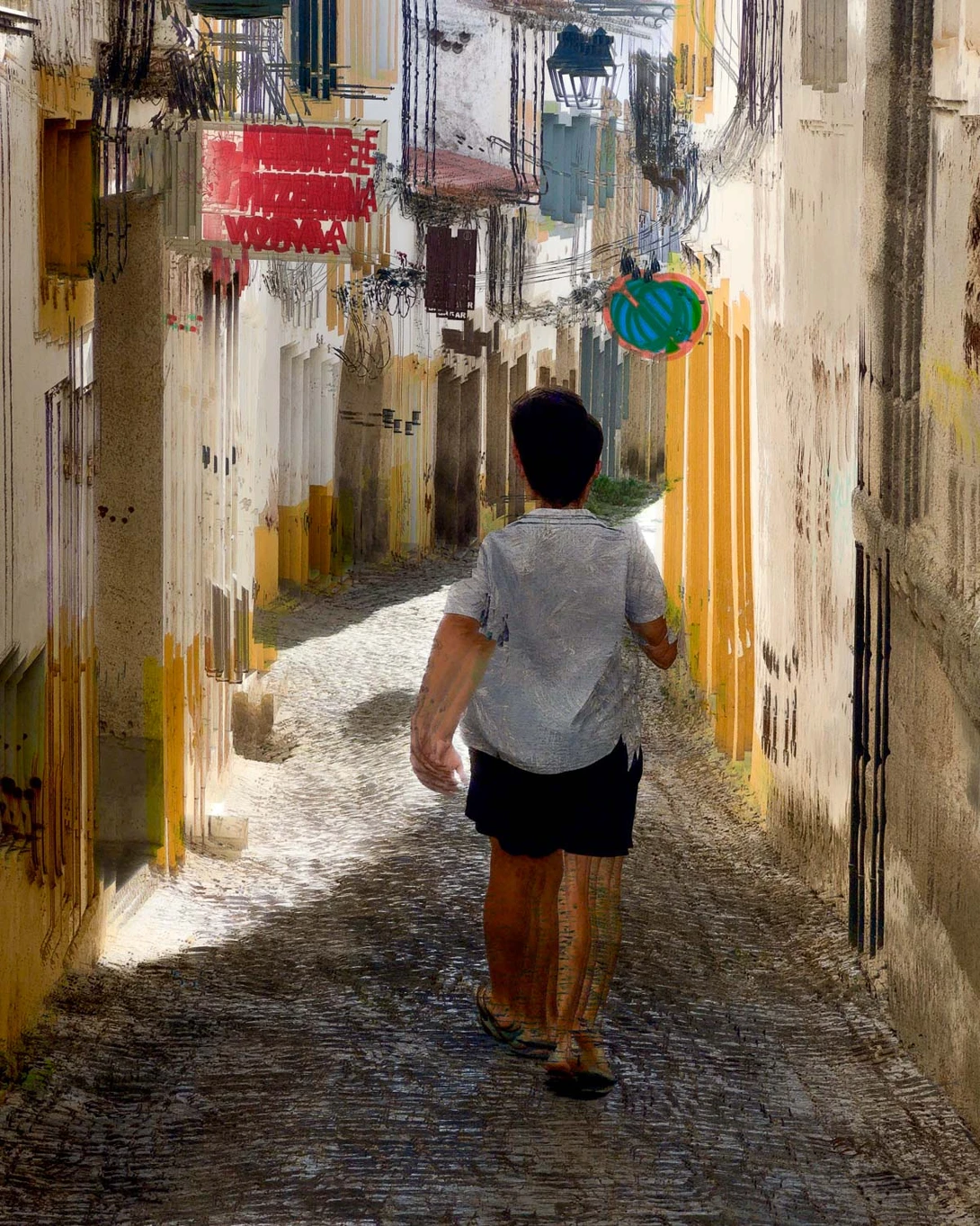 Runner jogging away through narrow European cobblestone alleyway lined with weathered buildings