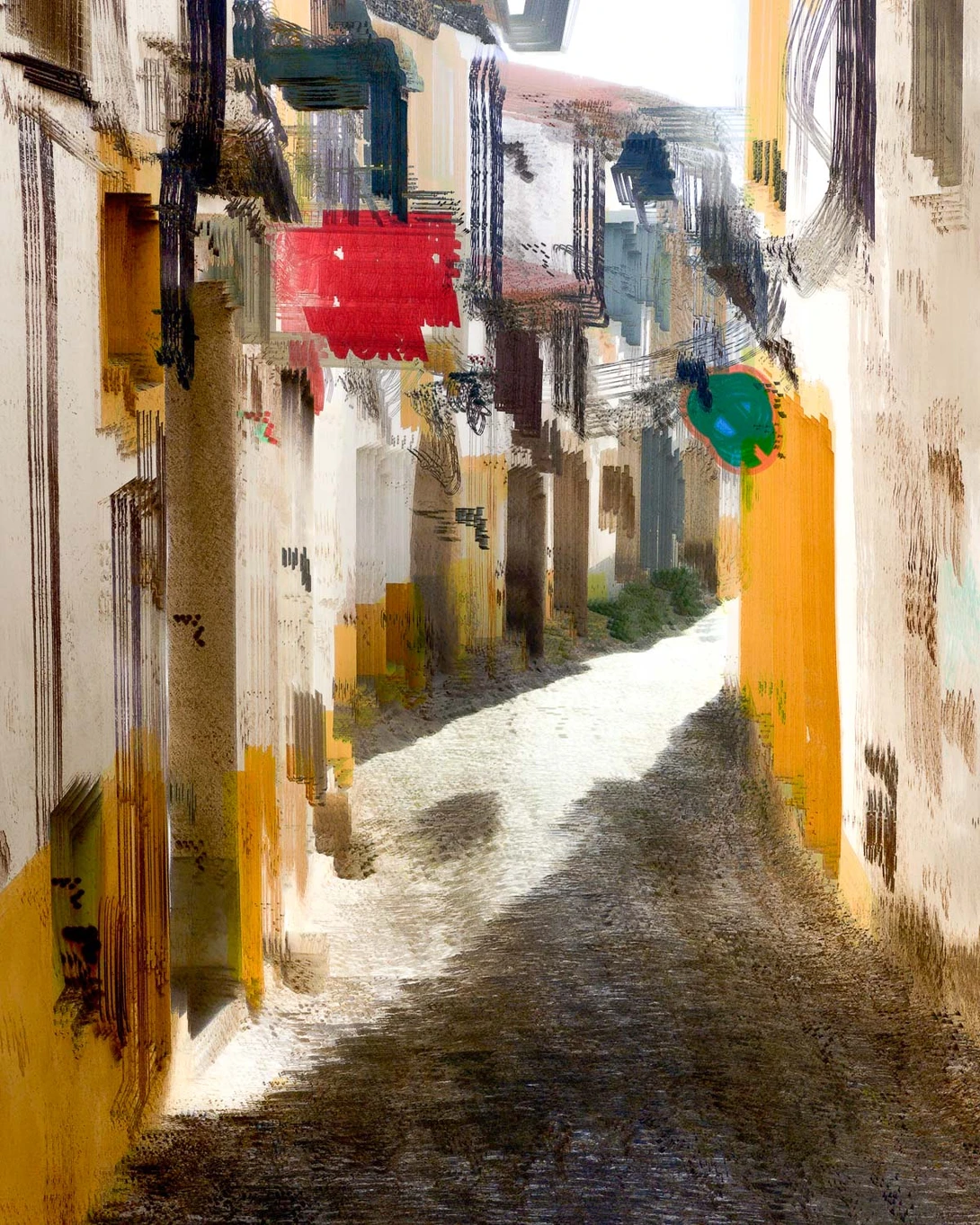 Narrow cobblestone street lined with colorful buildings in warm tones