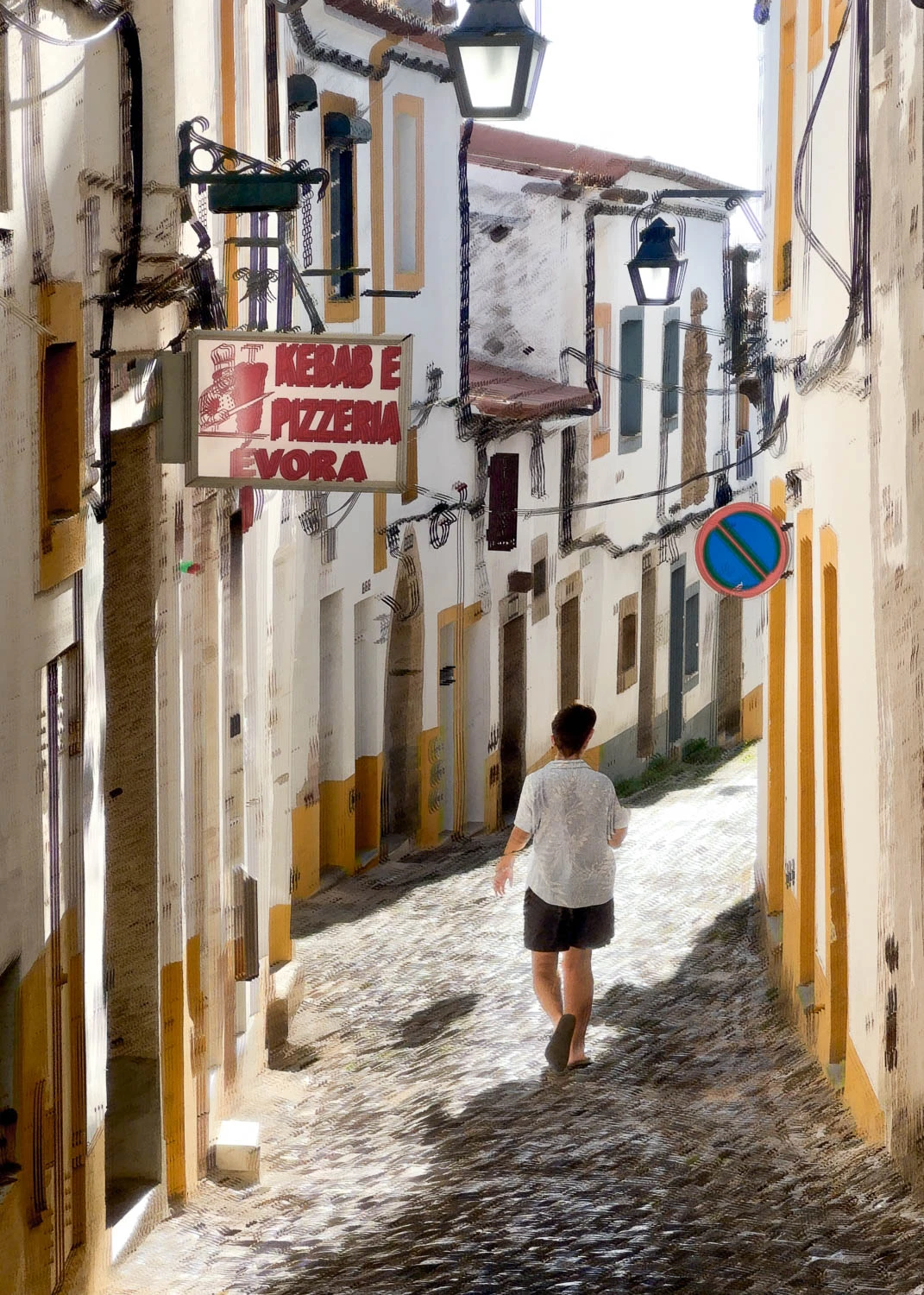 Woman jogging down a narrow cobblestone alley lined with yellow-painted buildings