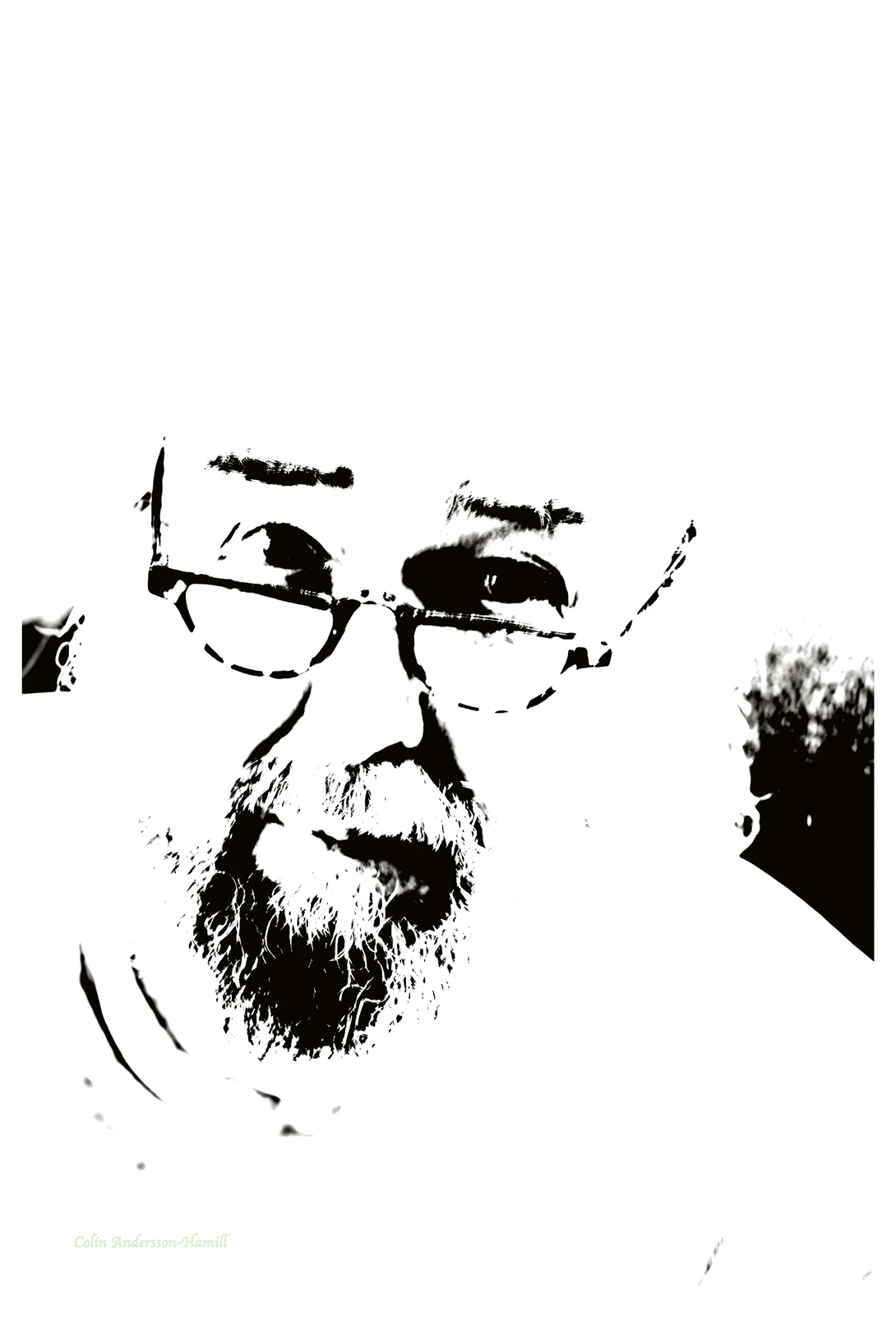 High-contrast black and white portrait illustration of bearded man wearing glasses