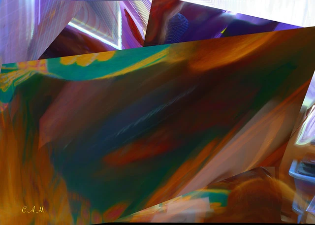 Abstract light refraction through layered transparent materials in warm and cool tones
