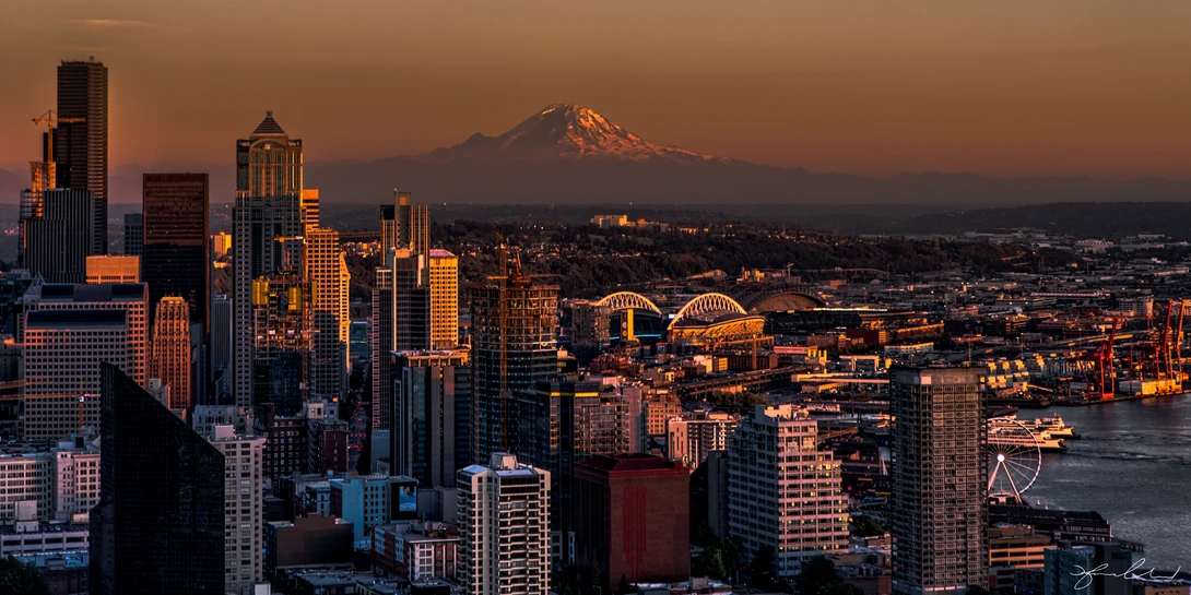 View Seattle Cityscape at Sunset by Fraser Almeida