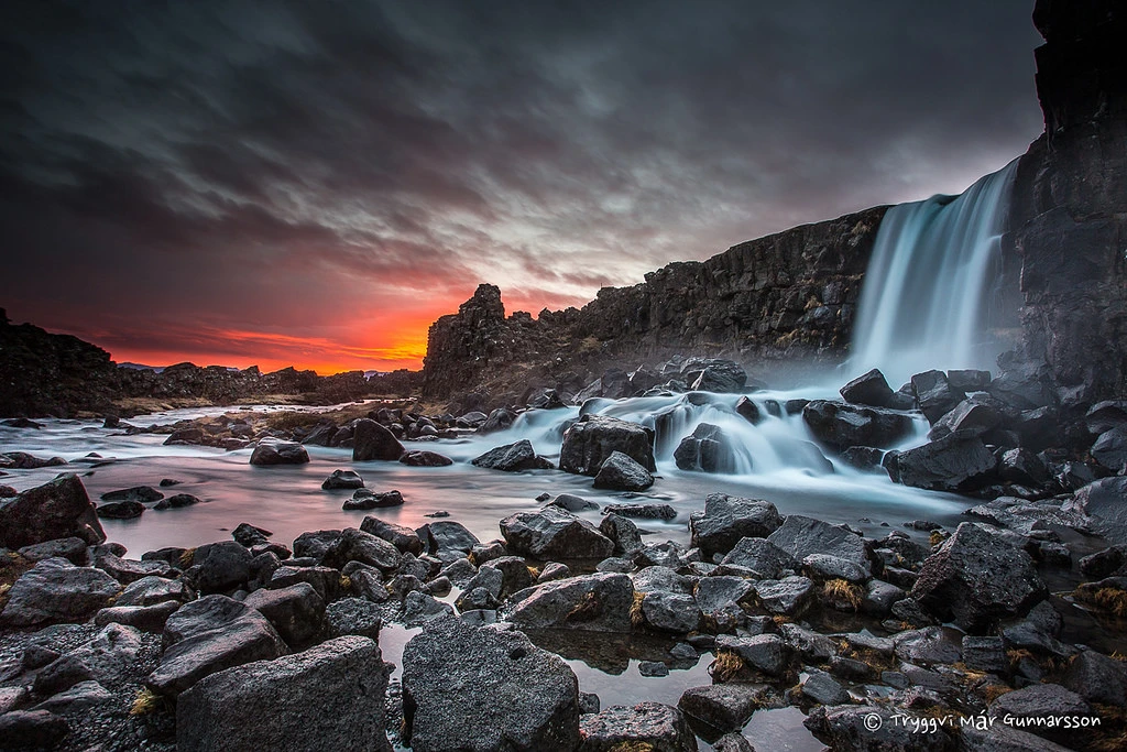 View Sunset by Öxarárfoss waterfall by Tryggvi Már Gunnarsson